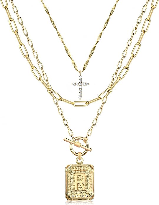 MJartoria Layered Initial Necklaces for Women Trendy, 14K Gold Plated Brass Simple Dainty Cross Choker Square Letter Pendant Necklace, Paperclip Chain Necklaces Jewelry
