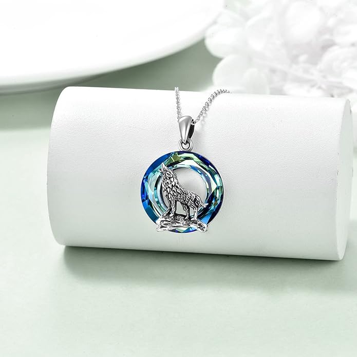 YFN Wolf Necklace Gifts for Men Women Sterling Silver Opal Moon Wolfs Jewelry Birthday 18+2"