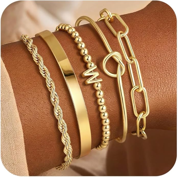 Turandoss Valentines Gifts for Her Girls, Dainty 5PCS 14K Gold Plated Initial A-Z Beaded Stretch Bracelet Chunky Gold Cuff Knot Twisted Rope Paperclip Bracelet Set Stack Jewelry Gifts for Women Girls
