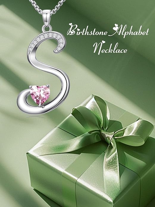 Valentines Day Gifts for Women Alphabet A to Z Initial Birthstone Pendant Necklaces for Women - 18k White Gold Plated Personalized Name Jewelry Valentine Mothers Day Birthday Gifts for Women Her Girlfriend
