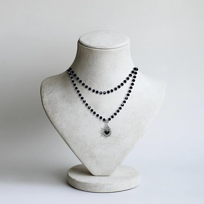 Black Stylish Gothic Necklace, Layered Beads Sun Necklace for Women, Black Bead Onyx Necklace, Goth Jewelry for Biker, Hiphop Punk Style for Women, Teenage