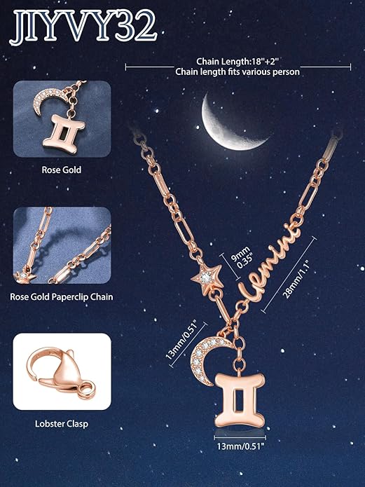 14K Gold/Rose Gold Zodiac Necklace for Women - Horoscope Constellation Pendant with Moon and Star, Luxury Birthday Gifts Jewelry for Her (12 Zodiac Signs)
