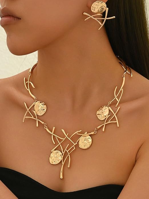 Retro Minimalist Geometric Choker And Necklace Sett For Women Chunky Jewelry Streetwear Jewelry Vintage Coin Medallion Collar Necklace And Earring Sets For Women
