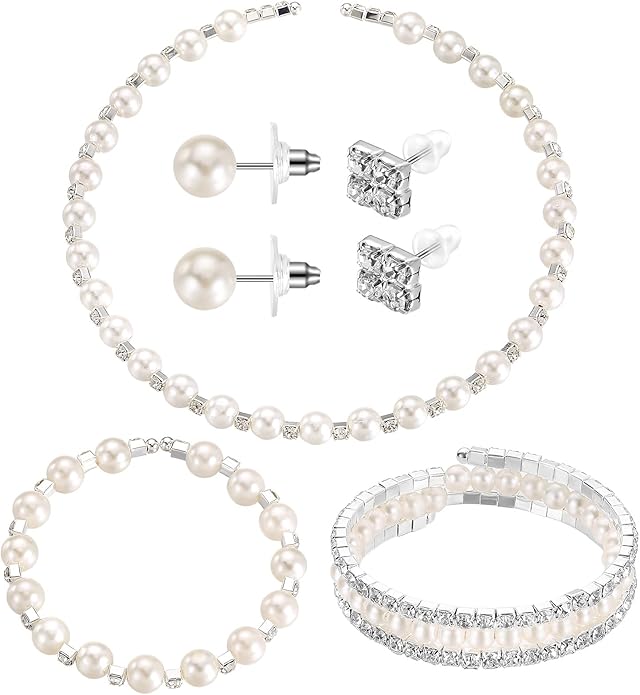 Glenmal Pearl Rhinestone Jewelry Set for Women Pearl Necklace Bracelet Earrings for Wedding Birthday Bridal Shower Tea Party