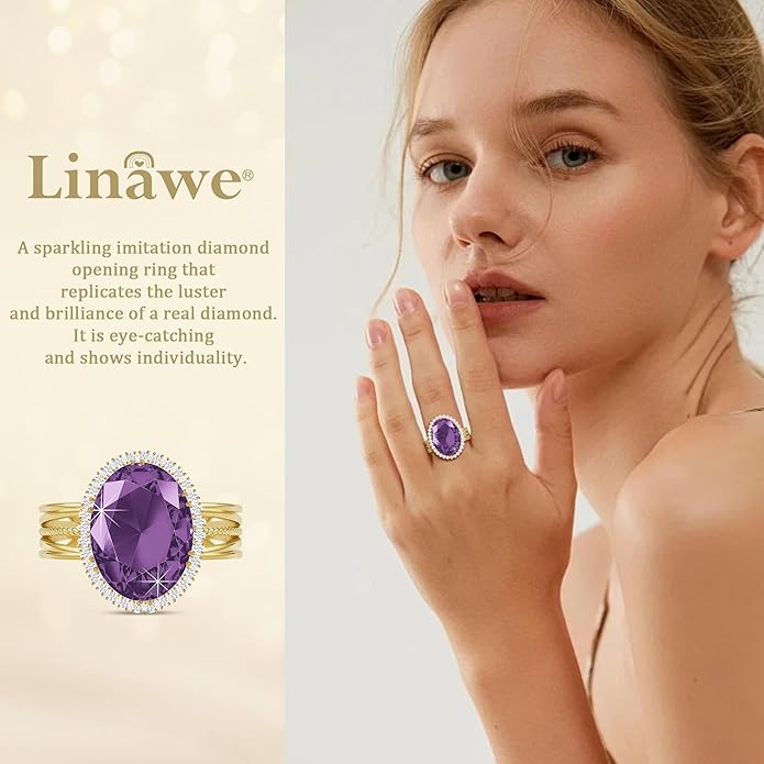 Linawe Birthstone Chunky Adjustable Rings for Women, Gold/Silver/Rose Gold Statement Rings, Imitation Diamond Fake Gemstone Crystal Cocktail Ring, Cubic Zirconia Costume Jewelry