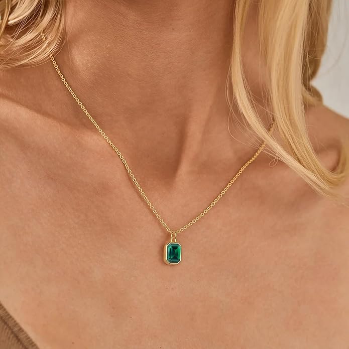 Layered Birthstone Necklace for Women Girls, 14K Gold-Plated Paperclip Chain Choker Necklace with Rectangle Birthstone Pendant Birthday Gifts for Women Girls Dainty Small