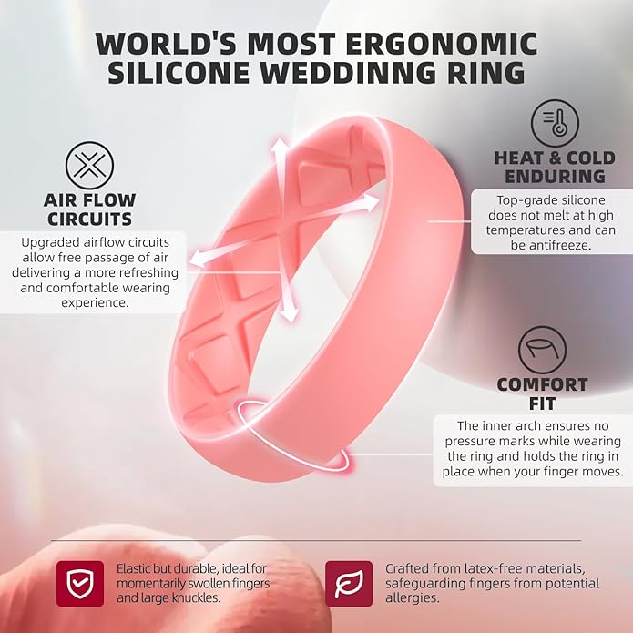 Egnaro Women's Bridal Rings Sets, Inner Arc Ergonomic Breathable Design Silicone Rubber Wedding Bands