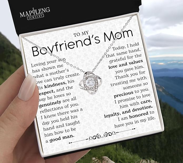To My Boyfriend's Mom Love Knot Necklace, Elegant Jewelry Gift From Girlfriend, Meaningful Mothers Day Surprise, Birthday Christmas Keepsake With Heartfelt Message