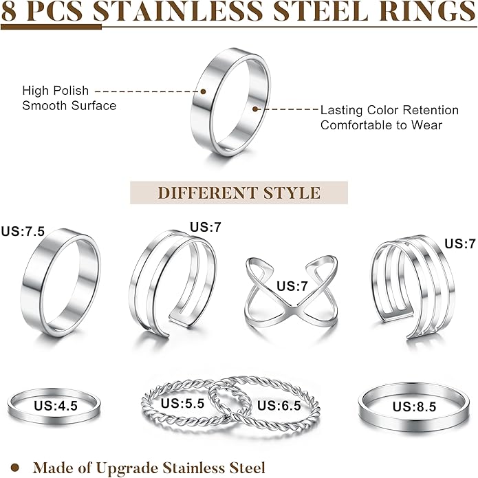 HAIAISO Silver Rings for Women Non Tarnish Stainless Steel Rings Set Dainty Gold Band Ring Stack Simple Stackable Thumb Pinky Ring for Multiple Size