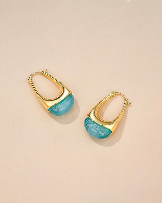 Long Oval Chunky Dangle 18K gold plated Hoops with Colored Resin Gemstone Statement Earrings for Women by SNGIA, (Green, Brown, Blue, Pink, White, Cream), Bold Drop Handmade Exaggerated Irregular Trendy Bohemian Jewelry Gifts, Unique Dangling Teardrop ...