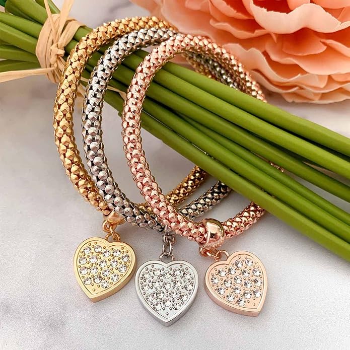 Crystal Charms Multilayer Bracelets - 3PCS Gold/Silver/Rose Gold Corn Chain Bracelet for Women, Tree of Life Heart Shaped Stretch Bracelet