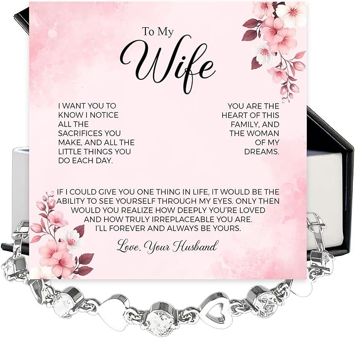 “To My Wife Heart Bracelet – Crystal Heart Link Jewelry Gift with Message Card”.