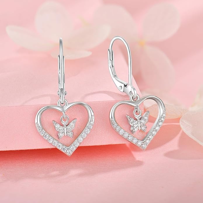 Butterfly Birthstone Heart Dangle Drop Earrings, 925 Strlings Silver 5A Cubic Zircon Leverback Earrings Jewelry Anniversary Birthday Gifts for Women
