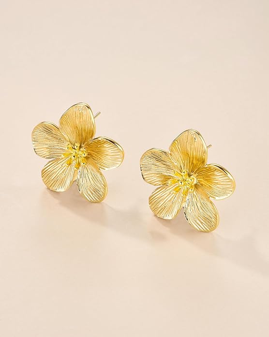 18K Gold Plated Large Chunky Flower Statement Earrings for Women by SNGIA, Summer Beach Floral Handmade Drop Jewelry, Maximalist Wedding Date Birthday Gift, Bold Exaggerated Textured Dangle Trendy Ribbed Jewelry, 18K Gold Plated Chandelier Fashion Acce...