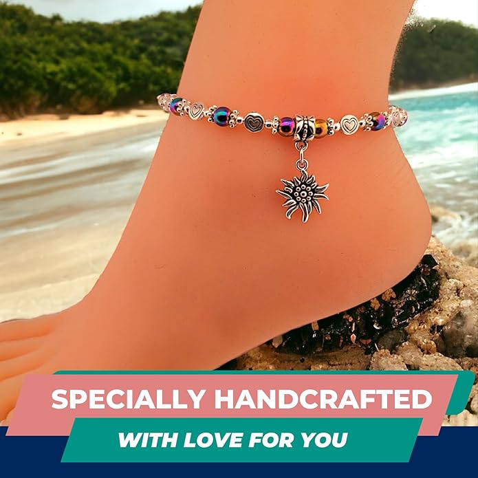 BESHEEK Rainbow Anklet Bracelet Hue Twisted Hematite and Round Artisan Beaded Anklet with Extension Handmade Hypoallergenic Beach Gala Wedding Style Jewelry