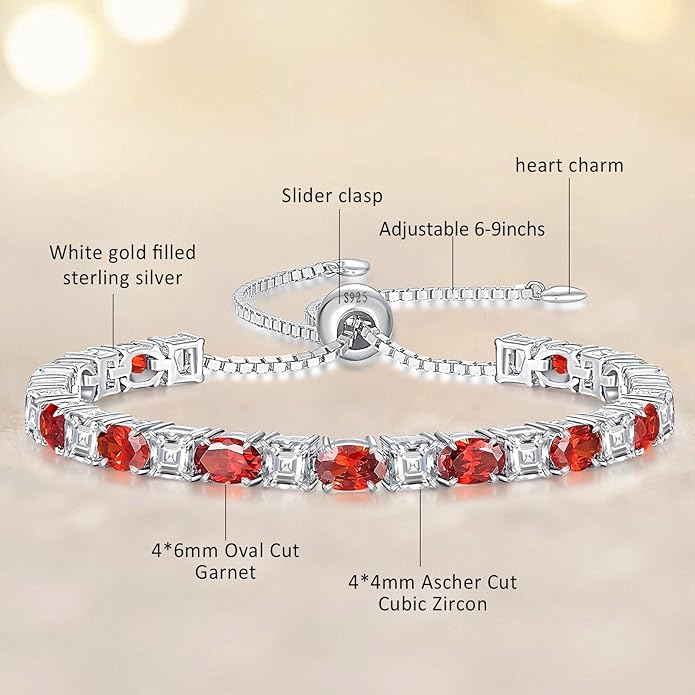 Sterling Silver Birthstone Bracelets for Women White Gold Tennis Bracelets Adjustable Chain 6-9 Inchs Jewelry Hypoallergenic Anniversary Birthday Gifts for Women Mom Wife Her