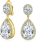 Vintage Style Bridal Cubic Zirconia Simulated Gemstone AAA CZ Halo Dangle Teardrop Chandelier Clip On Earrings For Women Silver Rose Gold Plated in Black Purple Blue Red Rose Pink Green Clear