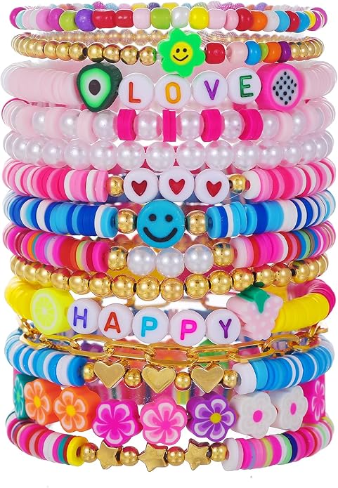 Friendship Bracelets Boho Stackable Bracelets for Women Surfer Heishi Clay Bead Bracelets Stretch Preppy Bracelets Colorful Boho Bracelets for Women