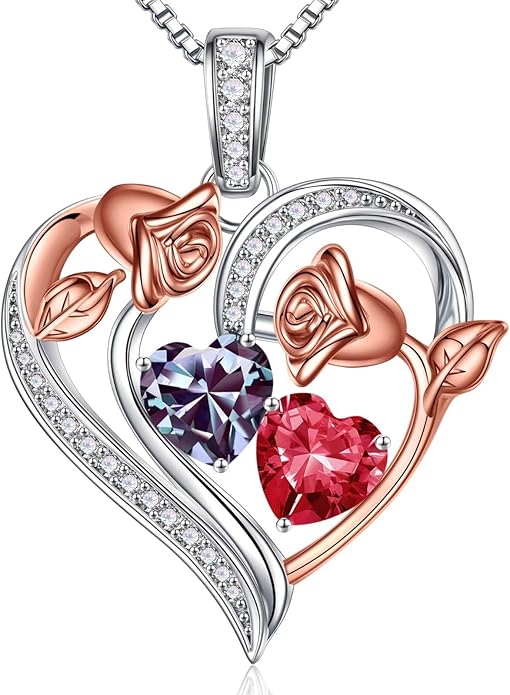 Iefil Valentines Day Gifts for Her - 925 Sterling Silver Rose Heart Necklace, Birthstone Jewelry, Anniversary Birthday Gifts for Wife Girlfriend Mom Daughter