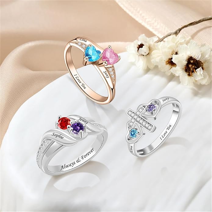 Personalized Heart Birthstone Rings for Women with 2 Birthstones Custom Name Rings for Couple Mother Daughter Jewelry Gift for Mother Her Christmas