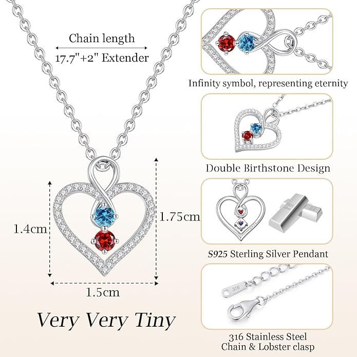 LOUISA SECRET Infinity Double Birthstone Necklace, 925 Sterling Silver Tiny Pendant Heart Necklace for Women Wife Her, Best Jewelry Gift Heart Jewelry Meaningful Gift for Valentine's Day, Christmas, Birthday Anniversary