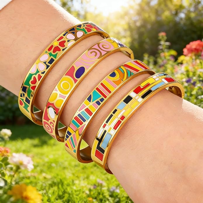 Enamel Bangle Set, 18K Gold Plated Stainless Steel, 4-Piece Bracelet Handcrafted Gorgeous Collection with Abstract and Floral Patterns, 6-7 Inch Wrist Size, Women's Fashion Jewelry