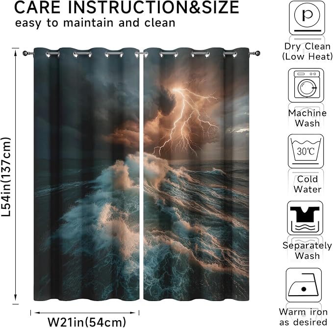 Thunderstorm Curtains for Bedroom Decor, Ocean Waves Blackout Curtains 54 Inch - Image 7