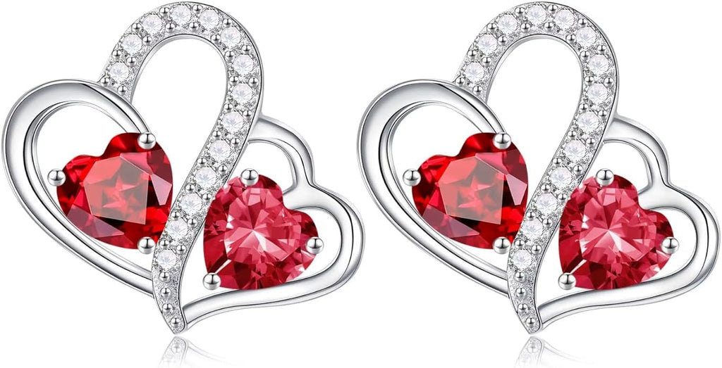 Iefil Valentines Day Gifts for Her - Birthstone Earrings Gift for Women, 925 Sterling Silver Double Heart Birthstone Earrings | Anniversary Birthday Gifts for Women, Personalized Jewelry for Wife Mom
