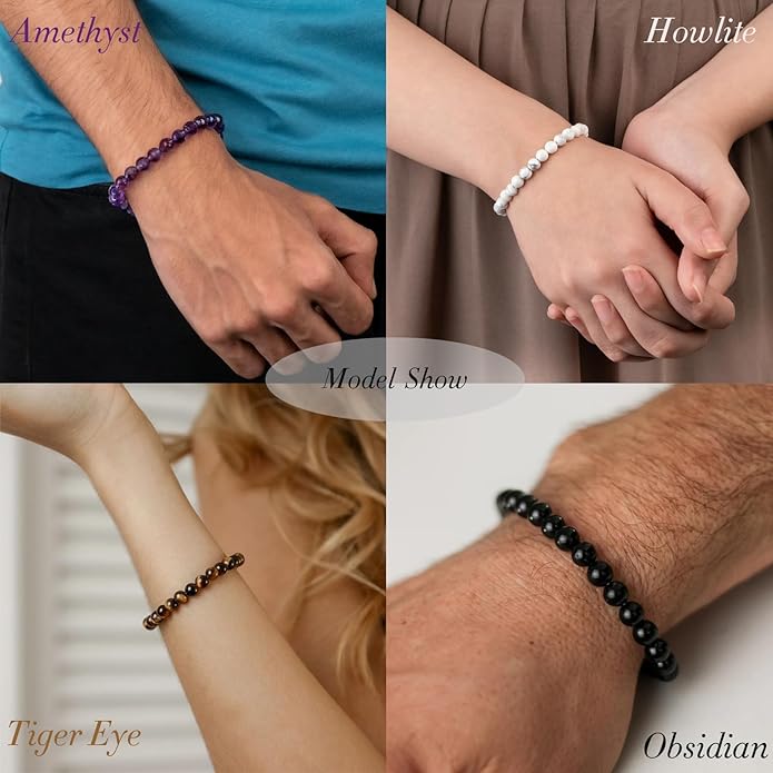 16PCS Natural Crystal Bracelets for Women Men - 8mm Semi-Precious Gemstone Beaded Bracelets, Round Gemstones Stretch Bracelet, Yoga Bracelets Jewelry Gifts