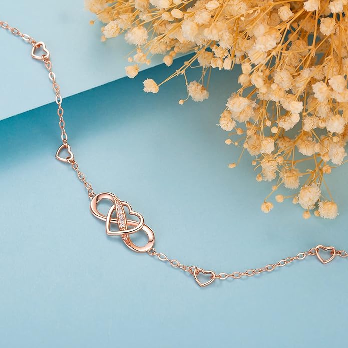 Billie Bijoux 925 Sterling Silver Anklet Bracelets for Women Infinity Heart Ankle Bracelet White Gold Plated Love Charm Adjustable Large Bracelet Gifts for Women Wife