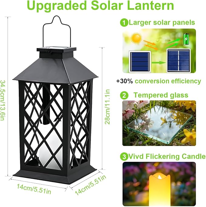 2 Pack 14" Large Tempered Glass Solar Lanterns Outdoor Waterproof | Black retro - Image 3