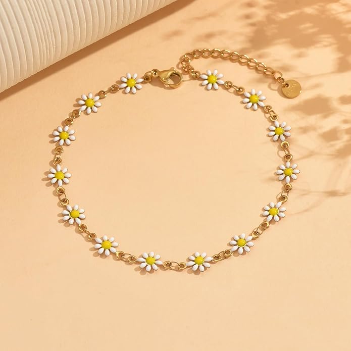 Anklets for Women Dainty CZ Ankle Bracelet 18K Gold Plated Waterproof Boho Dot Star Moon Daisy Ocean Beaded Anklet Trendy Foot Jewelry