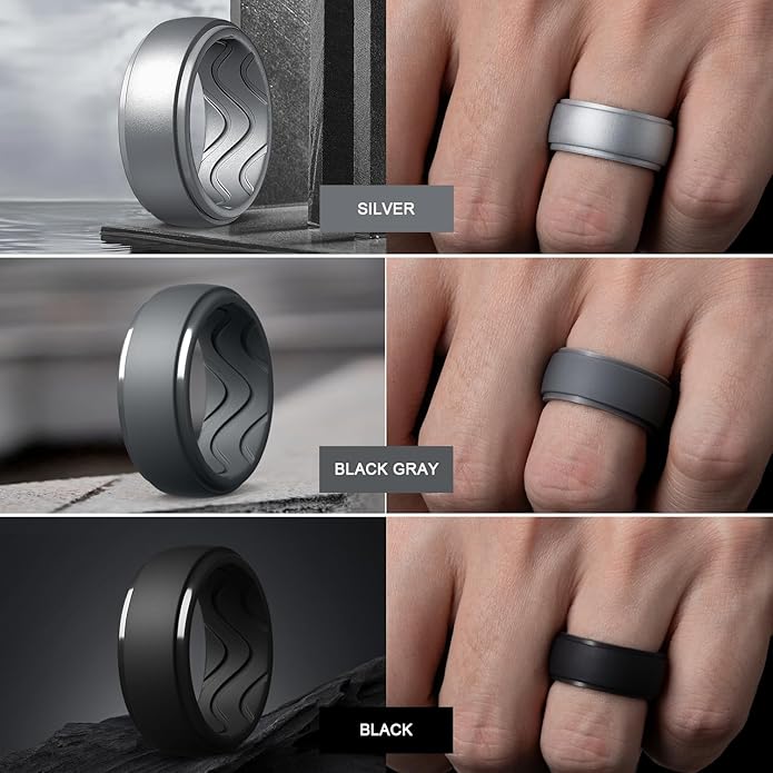 Egnaro Men's Silicone Rings 10mm Wide 2.5mm Thick, Rubber Wedding Bands with Inner Arc Ergonomic Breathable Design, 1/4/5/7 Variety Multipack