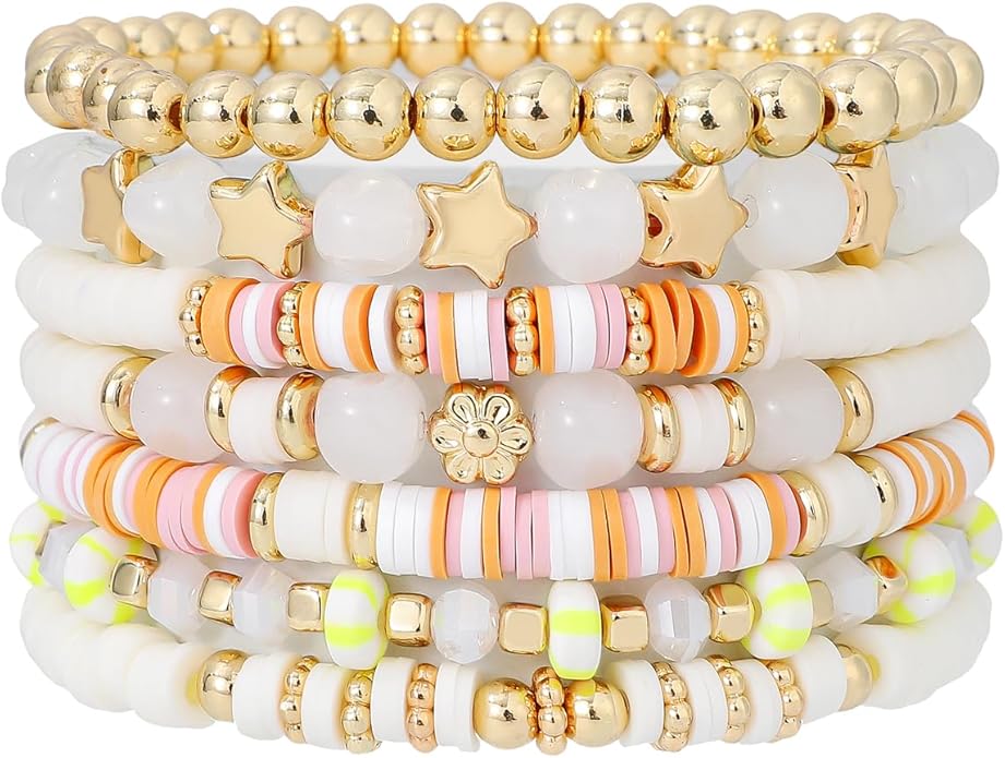 GOOJIDS Surfer Heishi Clay Bead Bracelets for Women Bohemian Stackable Gold Plated Beaded Stretch Bracelets Elastic Layering Friendship Bracelets Set Boho Jewelry