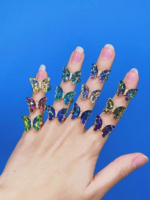 MISS RIGHT Butterfly Crystal Jewelry Set with Butterfly Necklace Stud Earrings Bolo Bracelet Adjustable Ring for Women Trendy, Iridescent Y2K Dainty Butterfly Jewelry Gifts
