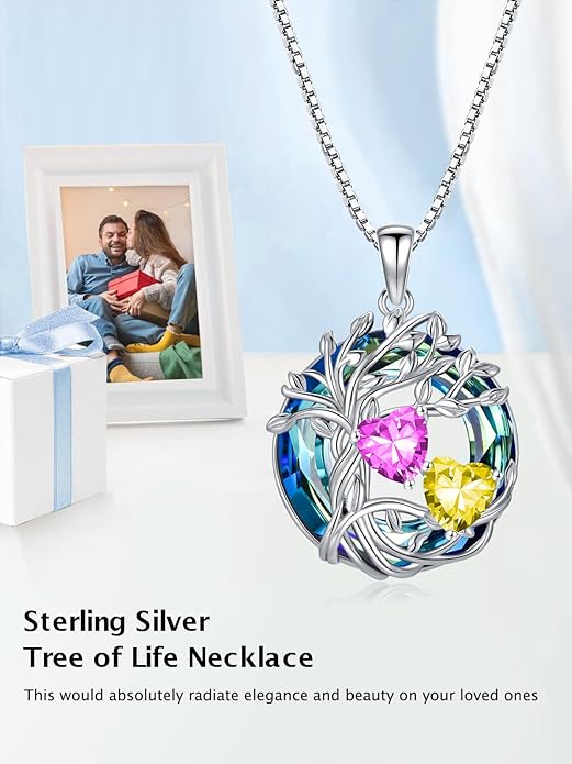 TOUPOP s925 Sterling Silver Family Celtic Tree of Life Pendant Necklaces with 2 Heart Birthstone with Blue Austrian Crystal Jewelry Birthday Valentines Day Gifts for Her, Anniversary Christmas Gifts for Wife Girlfriend Mom (18K Real White Gold Filled)