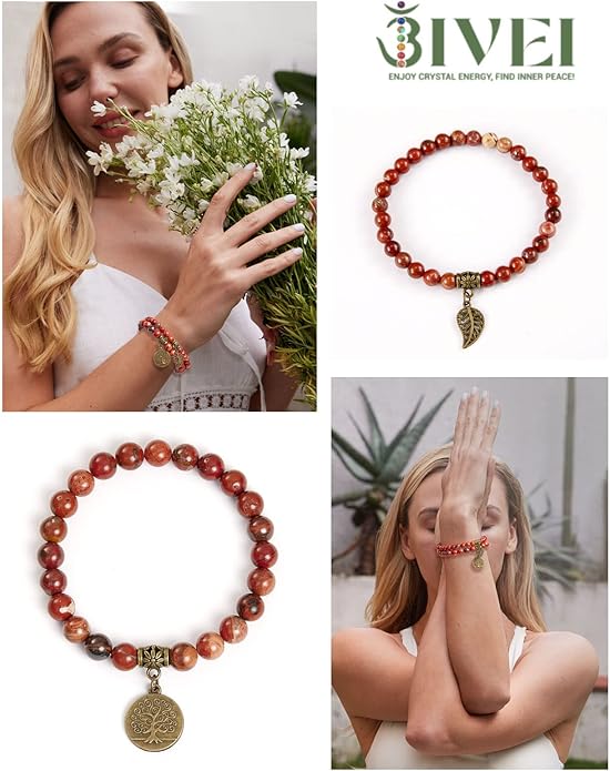 Bivei Natural Semi Precious Gemstone beads bracelet for women - Life Tree and Leaf Charm Energy Reiki Crystal Stretch Bracelets