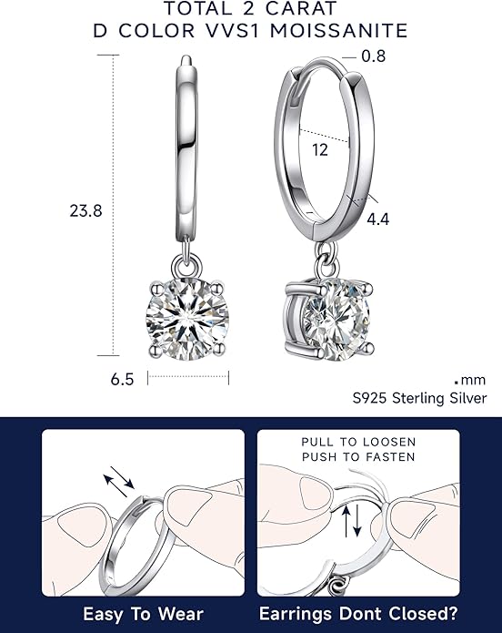 MomentWish Dangle Earrings for Women-925 Sterling Silver Moissanite Earring, Women's Gift for Valentine Birthday, D Color VVS1 Dancing Moissanite Hoops