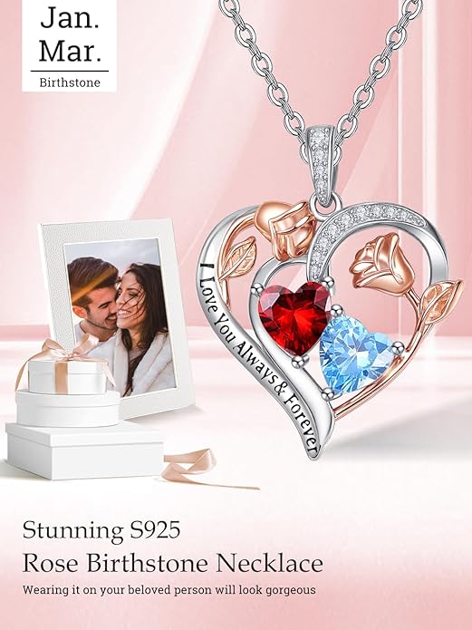 Valentine's Day Gifts for Wife 925 Sterling Silver Double Birthstone Pendant Necklaces I Love You for Always and Forever Necklace Anniversary Birthday Gifts for Wife Girlfriend Mom Her