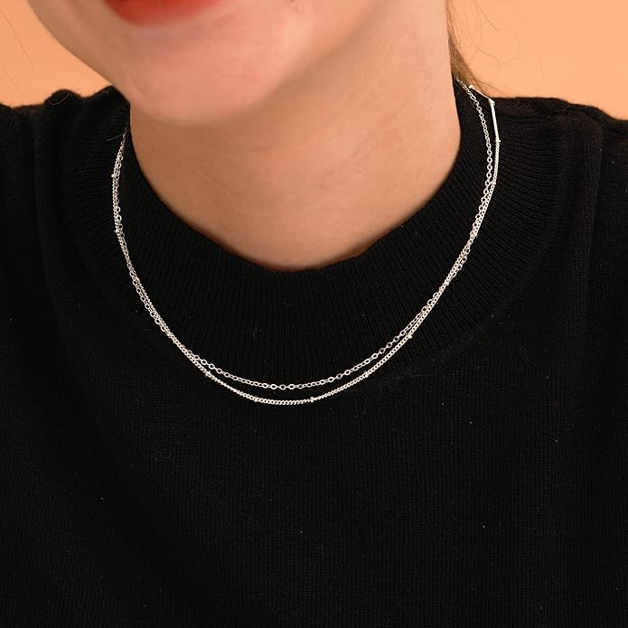 CHESKY 14k Gold Plated/Silver Plated Dainty Necklace for Women, Trendy Satellite Choker Necklace Thin Beaded Layered Choker Necklaces Discs Paperclip Chain Necklaces Womens Simple Jewelry