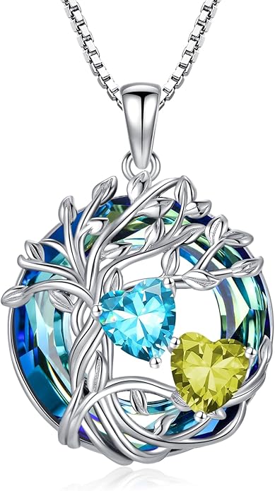 TOUPOP s925 Sterling Silver Family Celtic Tree of Life Pendant Necklaces with 2 Heart Birthstone with Blue Austrian Crystal Jewelry Birthday Valentines Day Gifts for Her, Anniversary Christmas Gifts for Wife Girlfriend Mom (18K Real White Gold Filled)