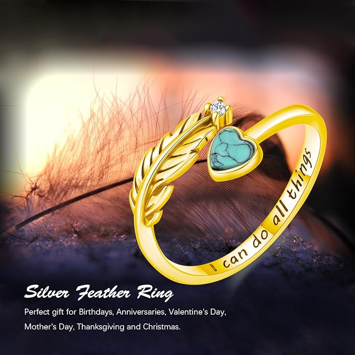 Turquoise/Moss Agate/Moonstone/Black Onyx/Lapis Lazuli/Labradorite/Tiger Eye Feather Ring 925 Sterling Silver Adjustable Ring Western Thumb Rings Vintage Jewelry Gifts for Women