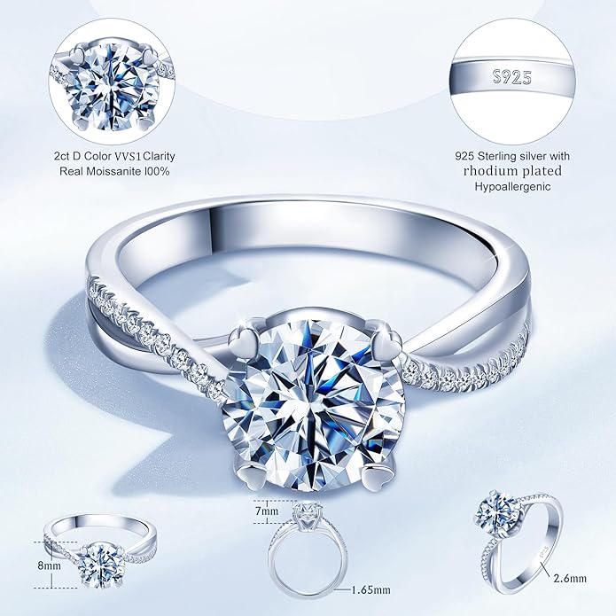 Moissanite Engagement Ring for Women, 2CT D Color VVS1, 925 Sterling Silver with 18K White Gold Plated, Twisted Moissanite Wedding Ring, Anniversary Promise Ring with Gift Box, Size 4.5-9
