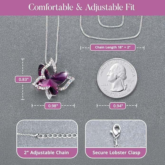 Valentine's Day Gift Butterfly Birthstone Crystal Necklace, Silver Tone with 18”+2” Chain, Necklace for Mother’s Day Anniversary Birthday Gifts for Women and Daughter