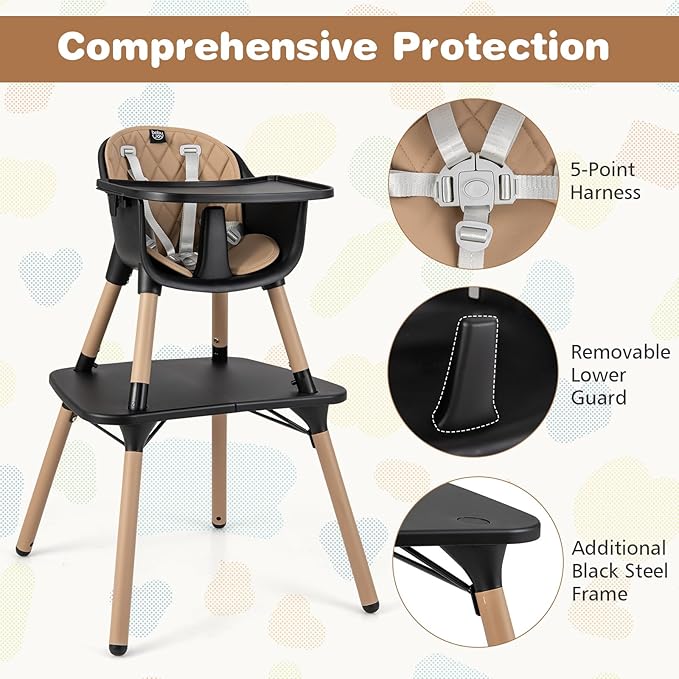 BABY JOY High Chair, 5 in 1 Convertible Highchair for Babies & Toddlers | Booster Seat | Table and Chair Set | Infant Feeding Chair with Removable Tray, Safety Harness, Removable Cushion (Brown)