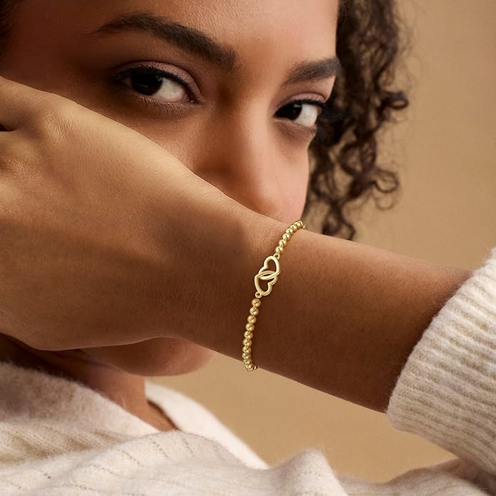 Gold Bracelets for Women, Cute 14K Gold/Silver Plated Stretch Beaded Bracelets for Women Trendy Stackable Charm Bracelet Dainty Adjustable Waterproof Non Tarnish Jewelry Gifts for Her