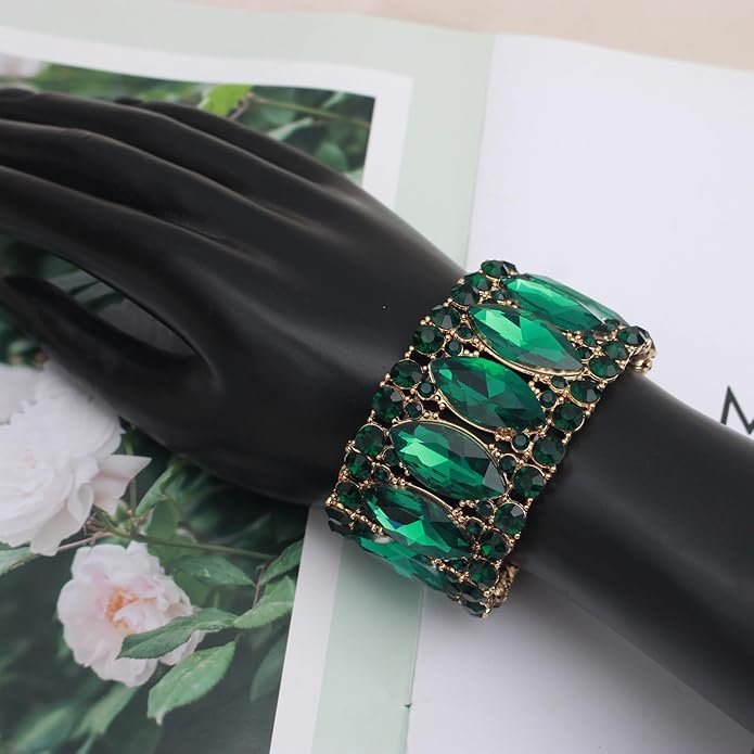 Women’s Elegant Wedding Bridal Crystal Double Row Marquise-Shape Leaf Stretch Bangle Bracelet Bride Jewelry for Women