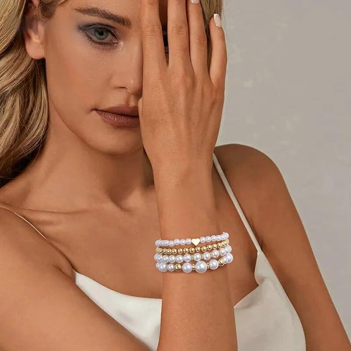 Gold Plated Beaded Bracelets for Women Trendy, 14K Gold Plated Stack Cross Pearl Gold Plated Bead Stretch Bracelets Set Elastic Hypoallergenic Bracelets Jewelry Gifts