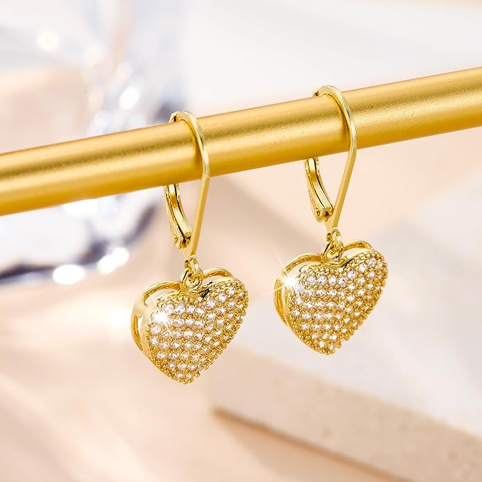ALEXCRAFT 925 Sterling Silver Dangle Earrings, 14K Gold Plated Heart Waterdrop Earring for Women Trendy Hypoallergenic Leverback Earings Wedding Cubic Zirconia Dangle Earrings Jewelry for Women