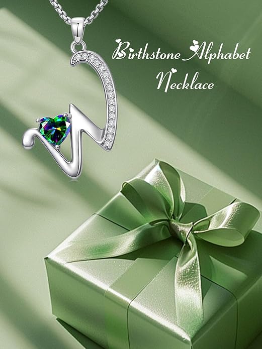 Valentines Day Gifts for Women Alphabet A to Z Initial Birthstone Pendant Necklaces for Women - 18k White Gold Plated Personalized Name Jewelry Valentine Mothers Day Birthday Gifts for Women Her Girlfriend